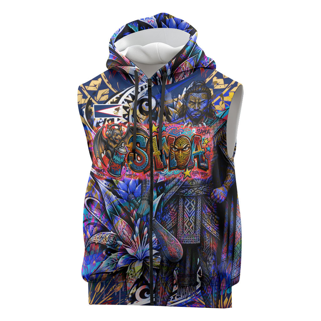 American Samoa Warrior Sleeveless Zip Hoodie Polynesian Fruit Bat Talofa Urban Graffiti Street Art TS04 Blue Yellow - Polynesian Pride