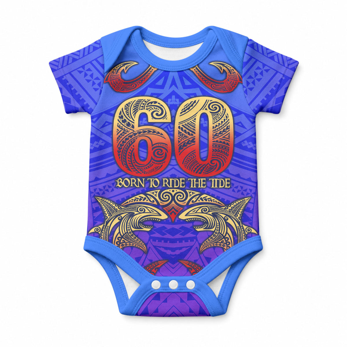 Personalized Polynesian 60th Birthday Baby Onesie Polynesian Tribal Art Vintage Ocean Pattern TS04 Blue Yellow - Polynesian Pride