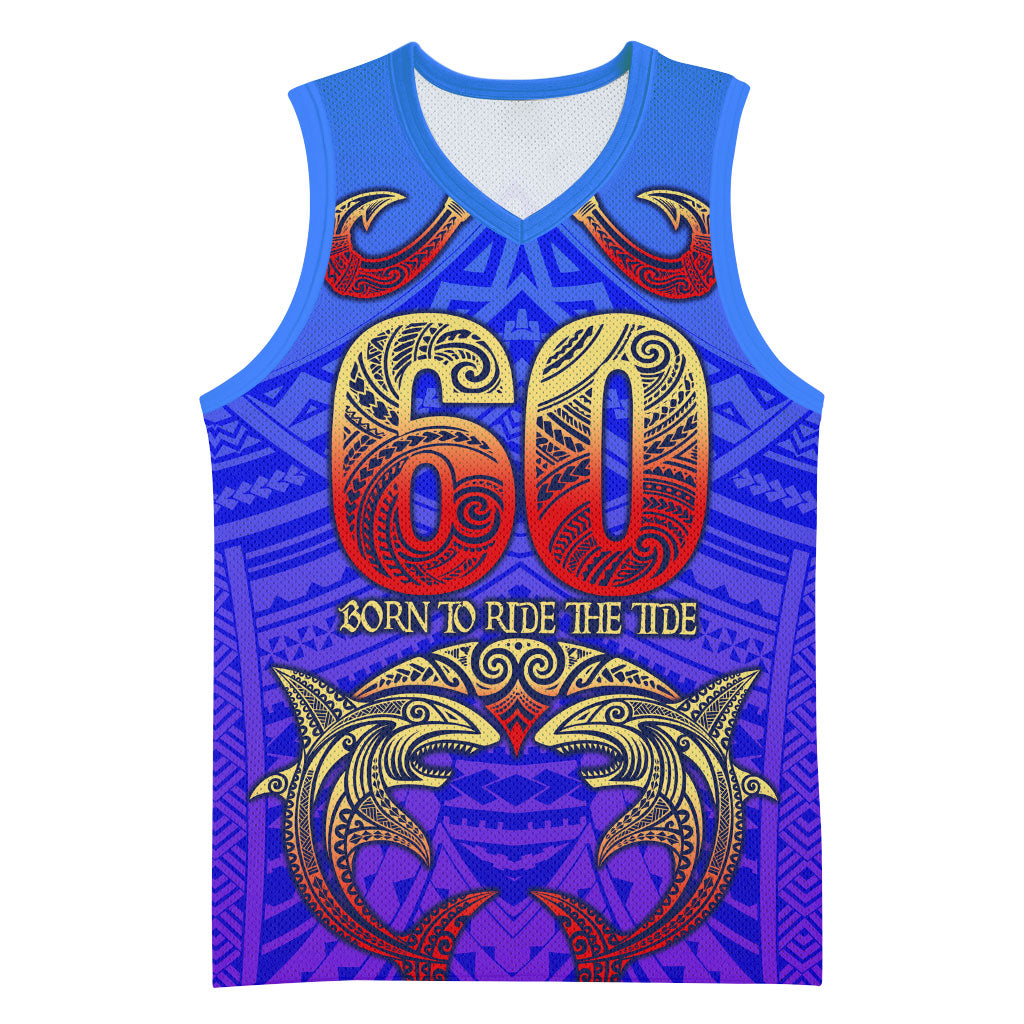 Personalized Polynesian 60th Birthday Basketball Jersey Polynesian Tribal Art Vintage Ocean Pattern