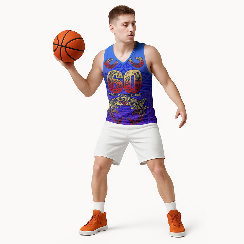 Personalized Polynesian 60th Birthday Basketball Jersey Polynesian Tribal Art Vintage Ocean Pattern