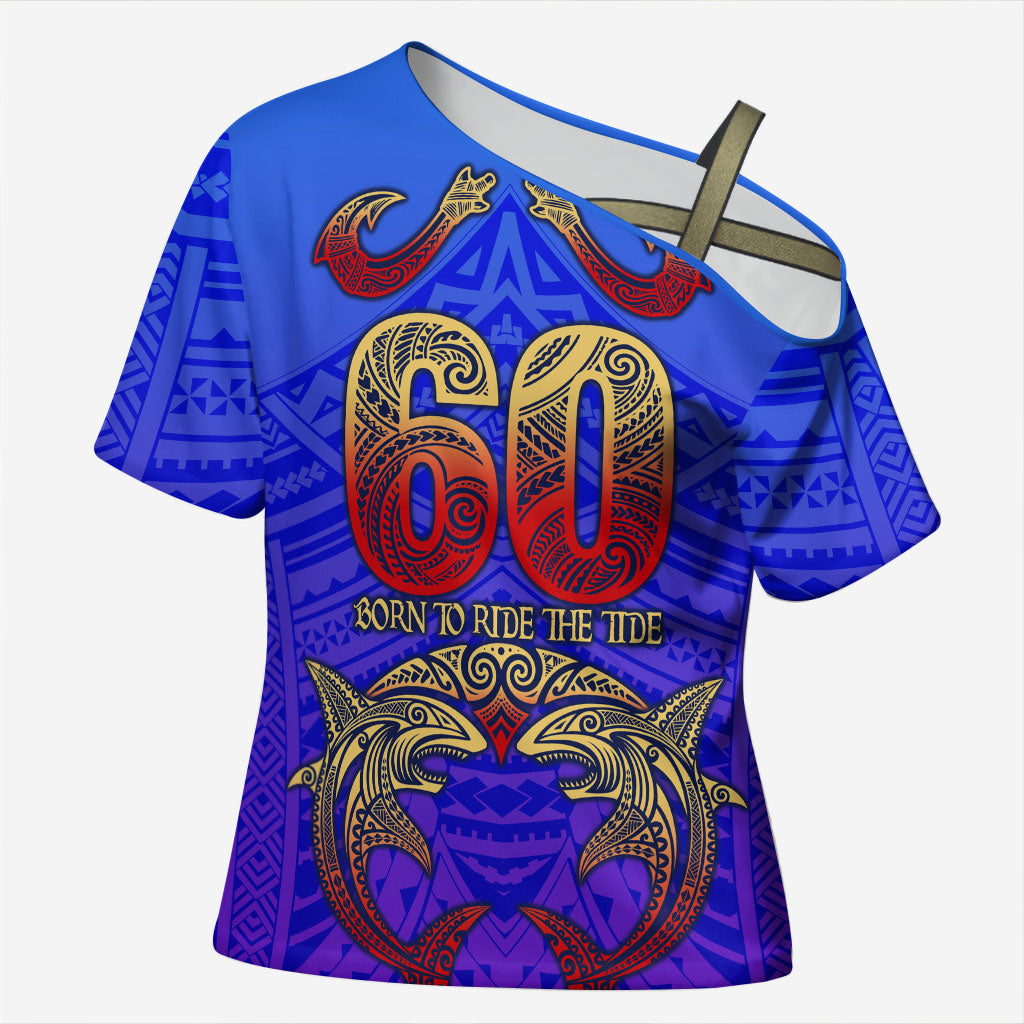 Personalized Polynesian 60th Birthday Cross Shoulder Shirt Polynesian Tribal Art Vintage Ocean Pattern