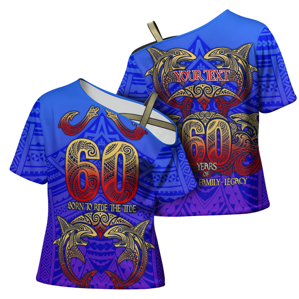 Personalized Polynesian 60th Birthday Cross Shoulder Shirt Polynesian Tribal Art Vintage Ocean Pattern