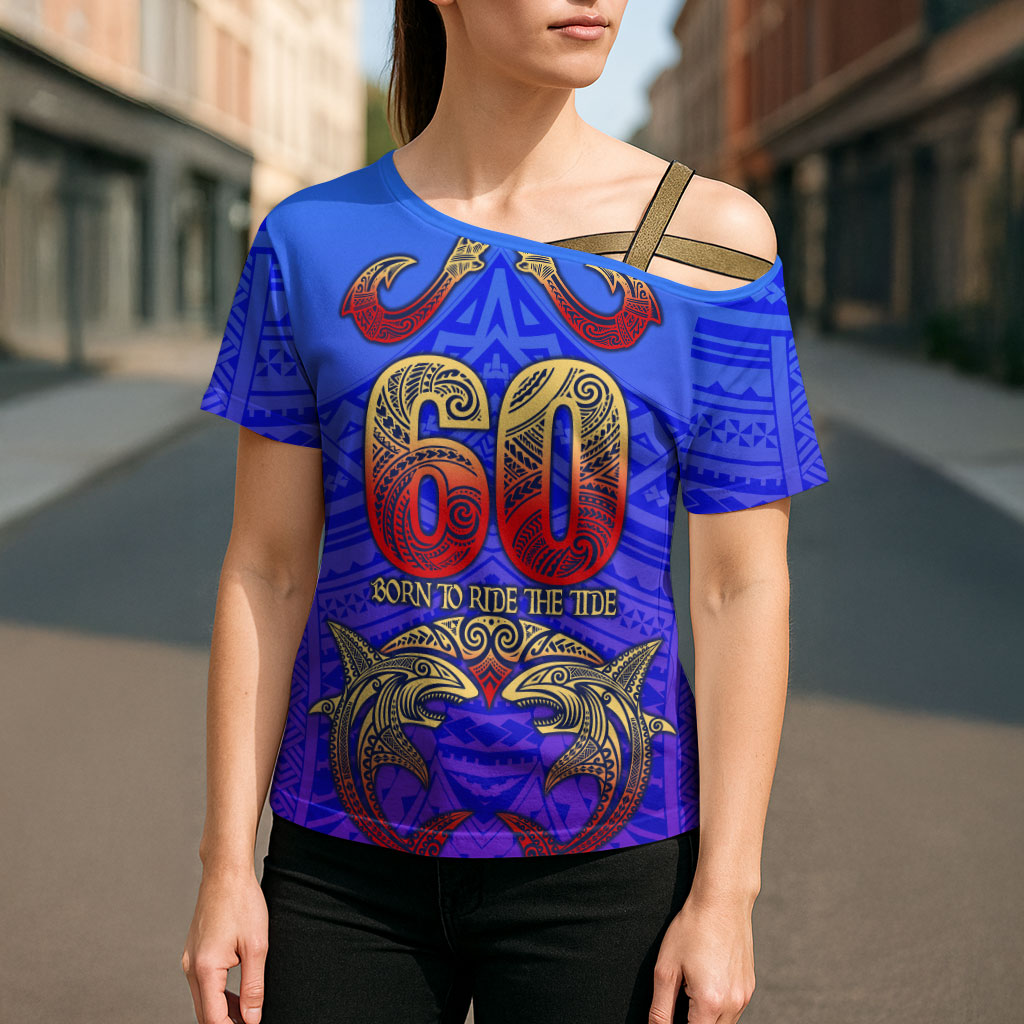 Personalized Polynesian 60th Birthday Cross Shoulder Shirt Polynesian Tribal Art Vintage Ocean Pattern