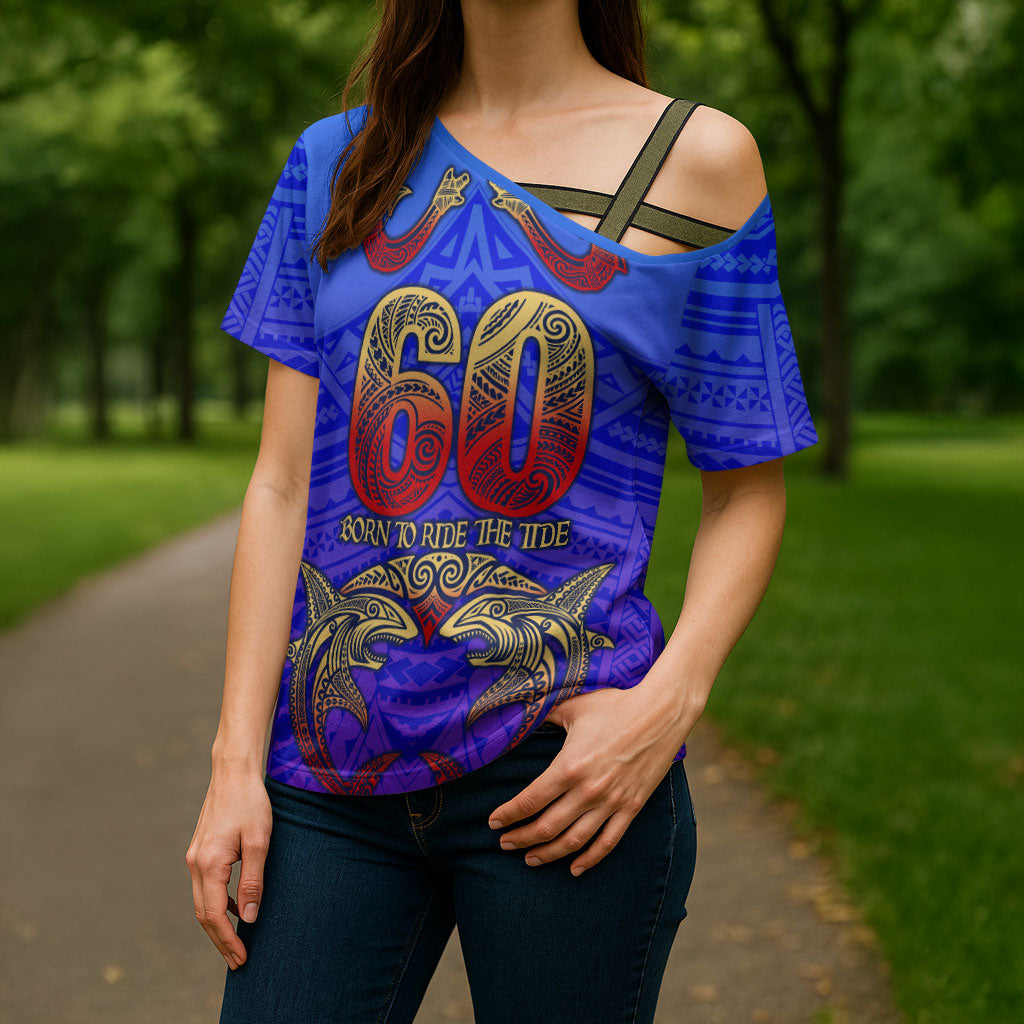 Personalized Polynesian 60th Birthday Cross Shoulder Shirt Polynesian Tribal Art Vintage Ocean Pattern