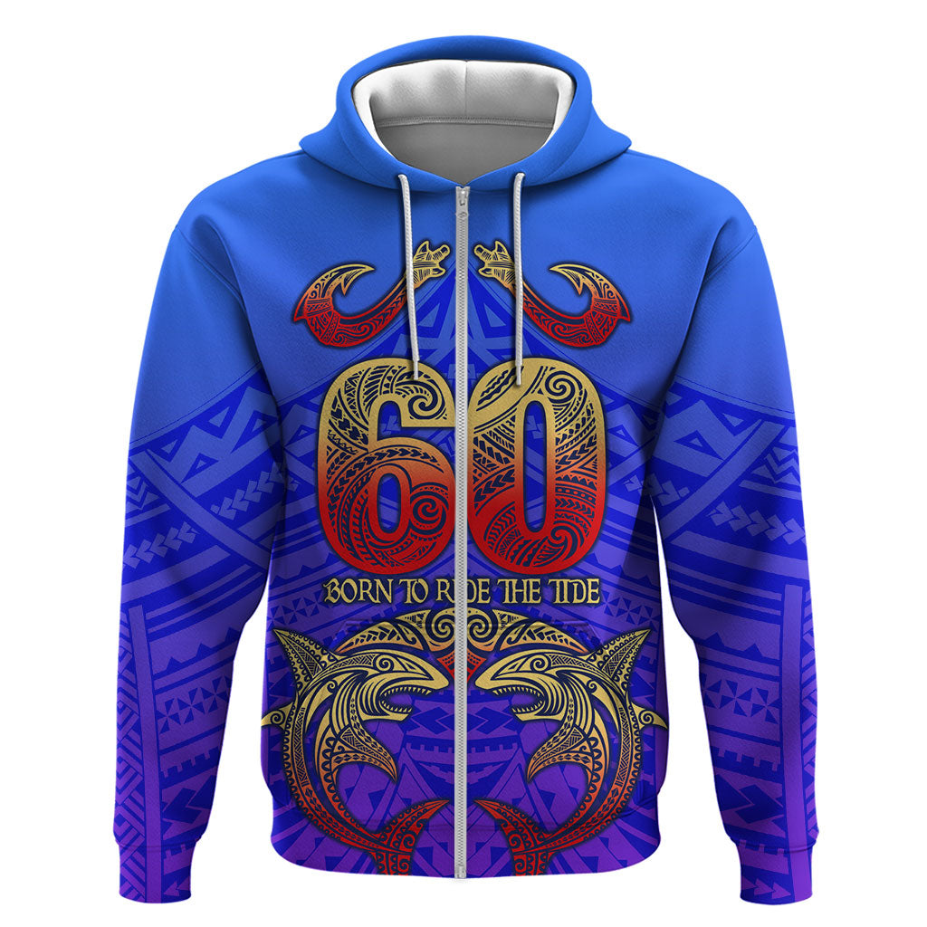 Personalized Polynesian 60th Birthday Hoodie Polynesian Tribal Art Vintage Ocean Pattern TS04 Zip Hoodie Blue Yellow - Polynesian Pride