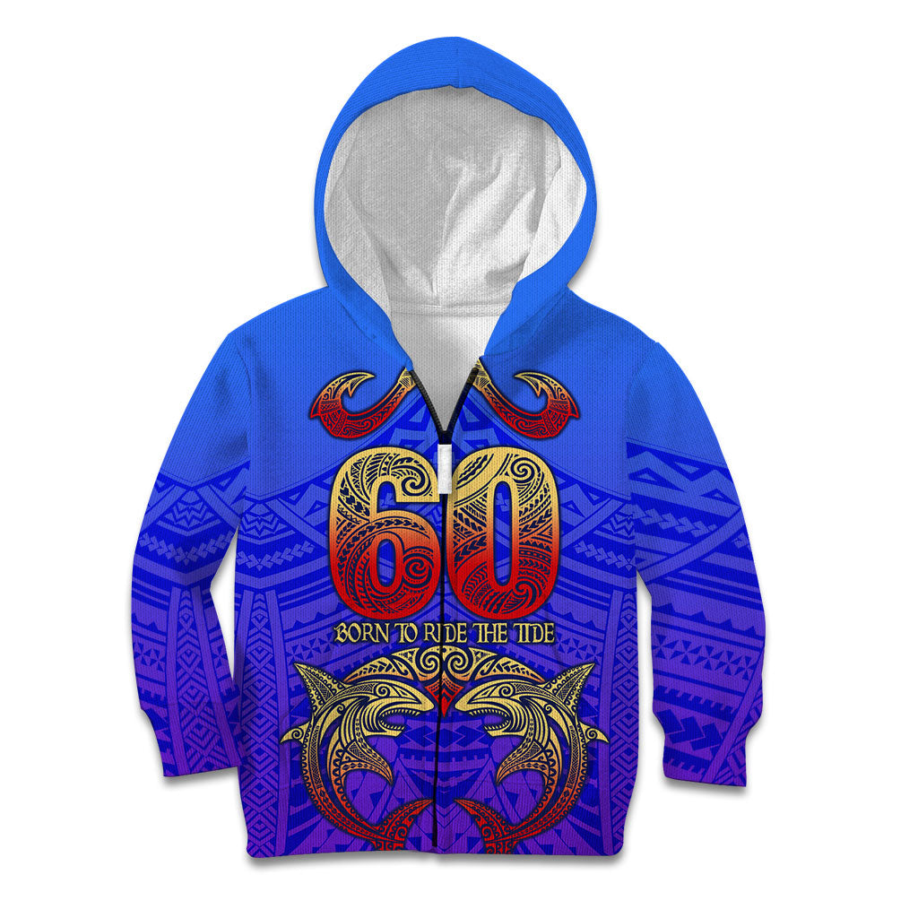 Personalized Polynesian 60th Birthday Kid Hoodie Polynesian Tribal Art Vintage Ocean Pattern TS04 Zip Hoodie Blue Yellow - Polynesian Pride