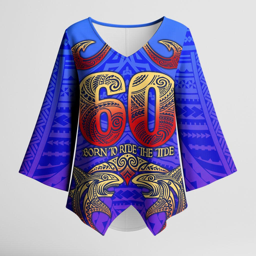 Personalized Polynesian 60th Birthday Kimono Sleeve Blouse Polynesian Tribal Art Vintage Ocean Pattern TS04 Female Blue Yellow - Polynesian Pride