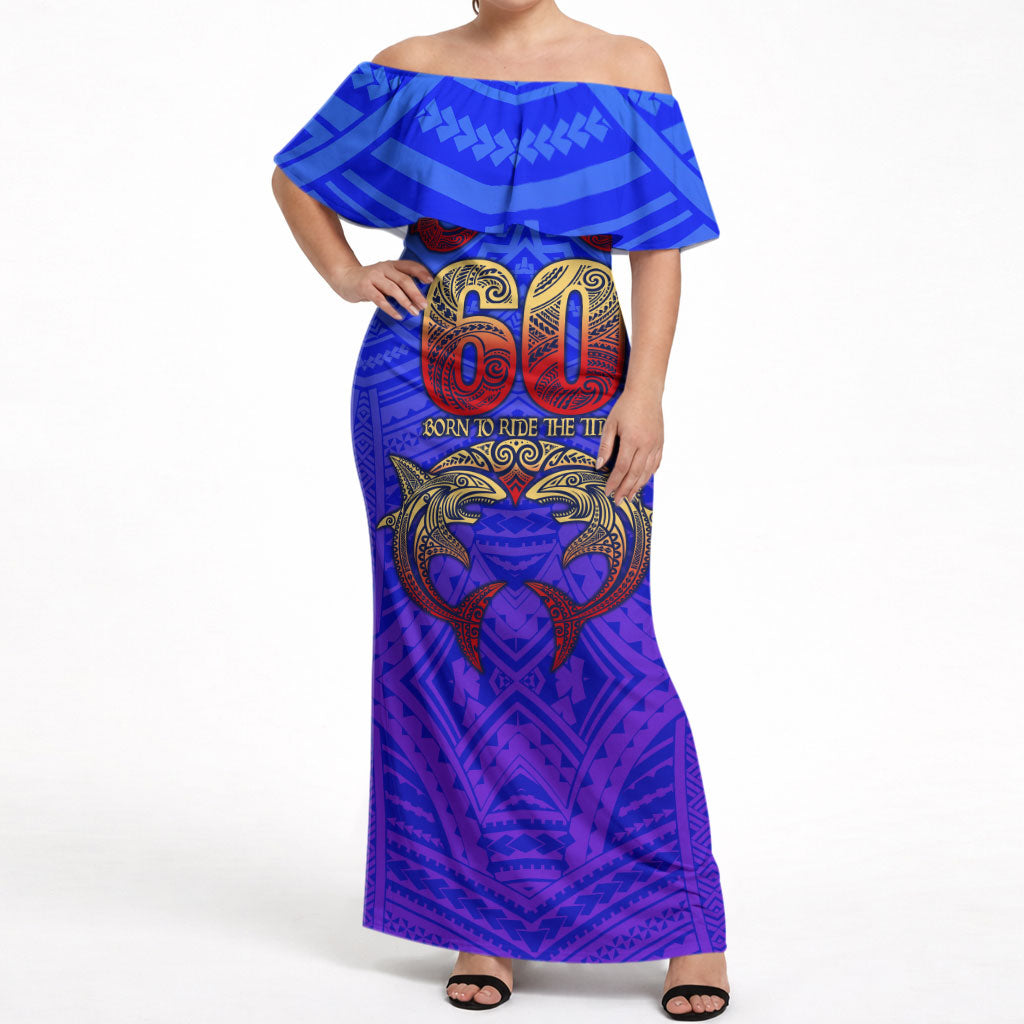Personalized Polynesian 60th Birthday Off Shoulder Maxi Dress Polynesian Tribal Art Vintage Ocean Pattern