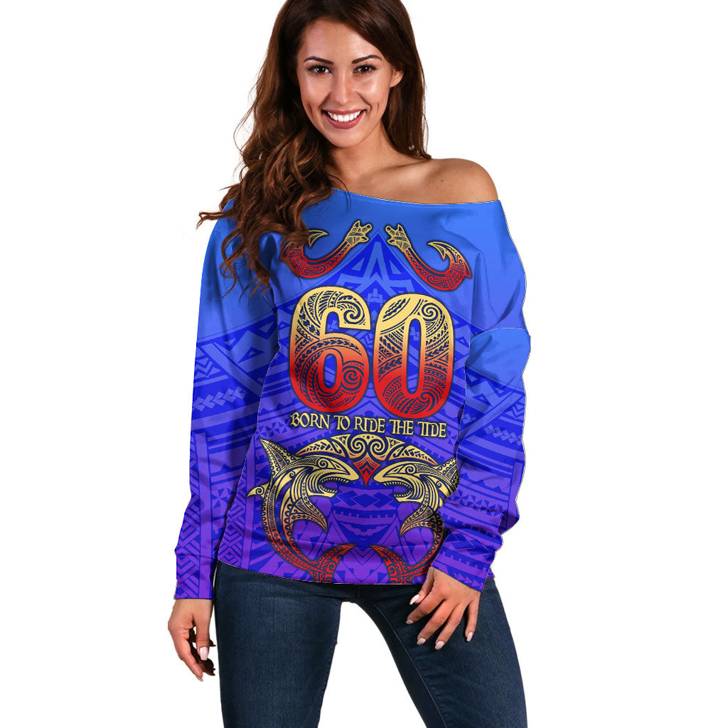 Personalized Polynesian 60th Birthday Off Shoulder Sweater Polynesian Tribal Art Vintage Ocean Pattern TS04 Women Blue Yellow - Polynesian Pride