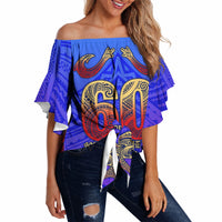 Personalized Polynesian 60th Birthday Off Shoulder Wrap Waist Top Polynesian Tribal Art Vintage Ocean Pattern TS04 Blue Yellow - Polynesian Pride