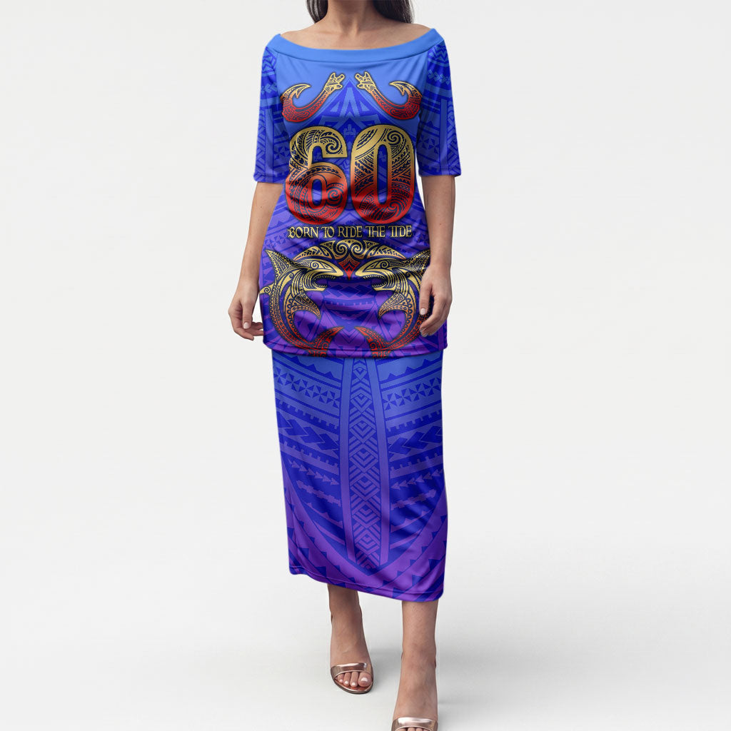 Personalized Polynesian 60th Birthday Puletasi Polynesian Tribal Art Vintage Ocean Pattern TS04 Long Dress Blue Yellow - Polynesian Pride