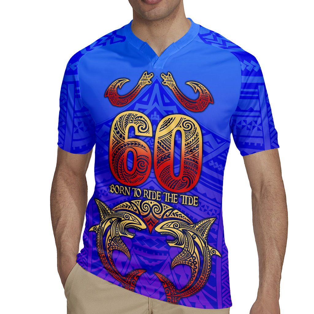 Personalized Polynesian 60th Birthday Rugby Jersey Polynesian Tribal Art Vintage Ocean Pattern