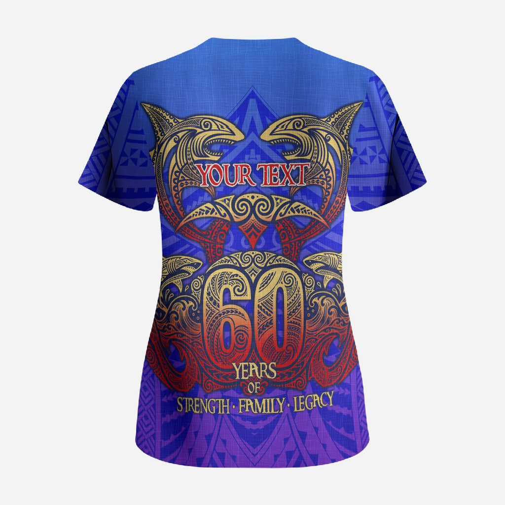 Personalized Polynesian 60th Birthday Scrub Top Polynesian Tribal Art Vintage Ocean Pattern TS04 - Polynesian Pride