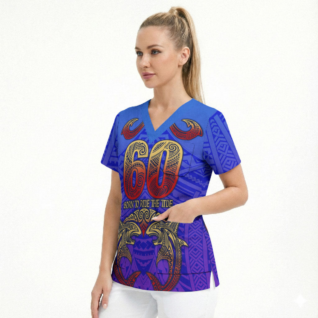 Personalized Polynesian 60th Birthday Scrub Top Polynesian Tribal Art Vintage Ocean Pattern TS04 - Polynesian Pride