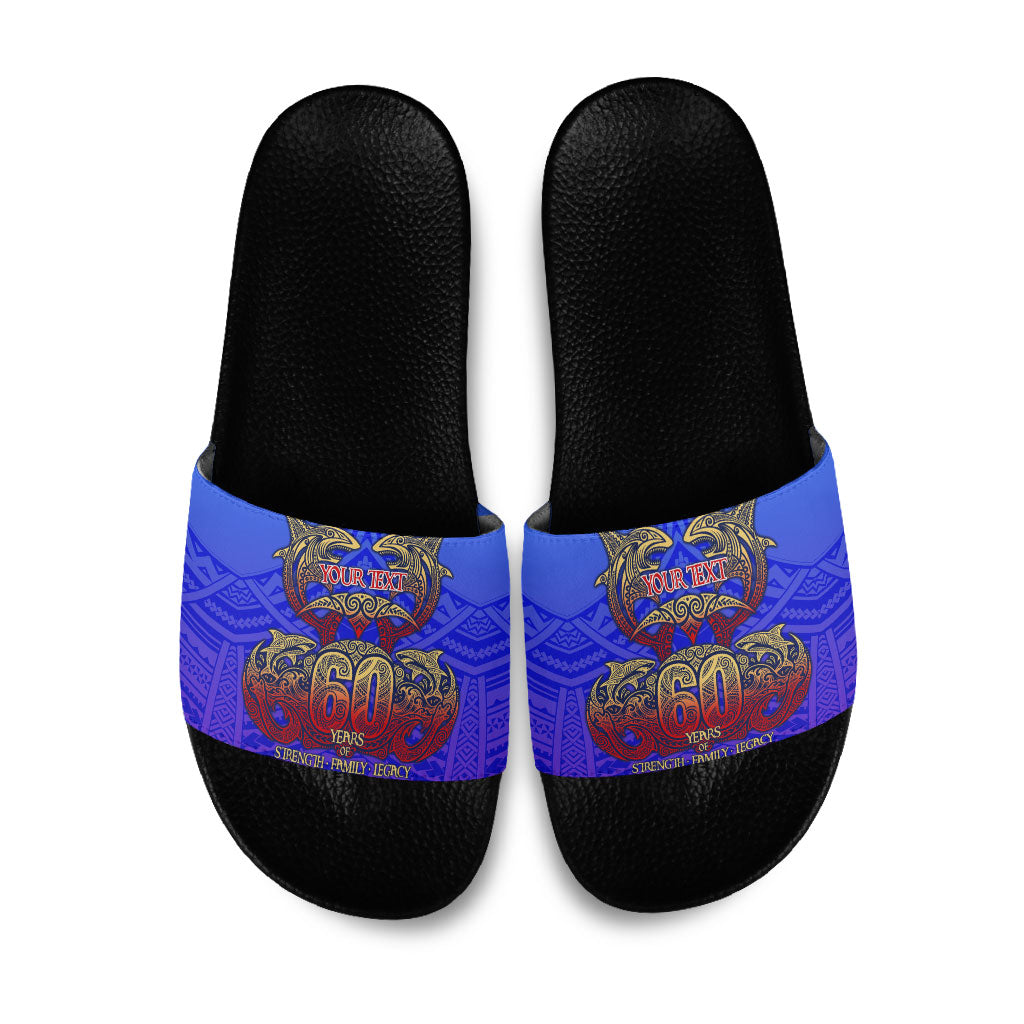 Personalized Polynesian 60th Birthday Slide Sandals Polynesian Tribal Art Vintage Ocean Pattern TS04 Blue Yellow - Polynesian Pride