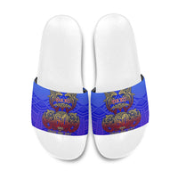 Personalized Polynesian 60th Birthday Slide Sandals Polynesian Tribal Art Vintage Ocean Pattern TS04 Blue Yellow - Polynesian Pride