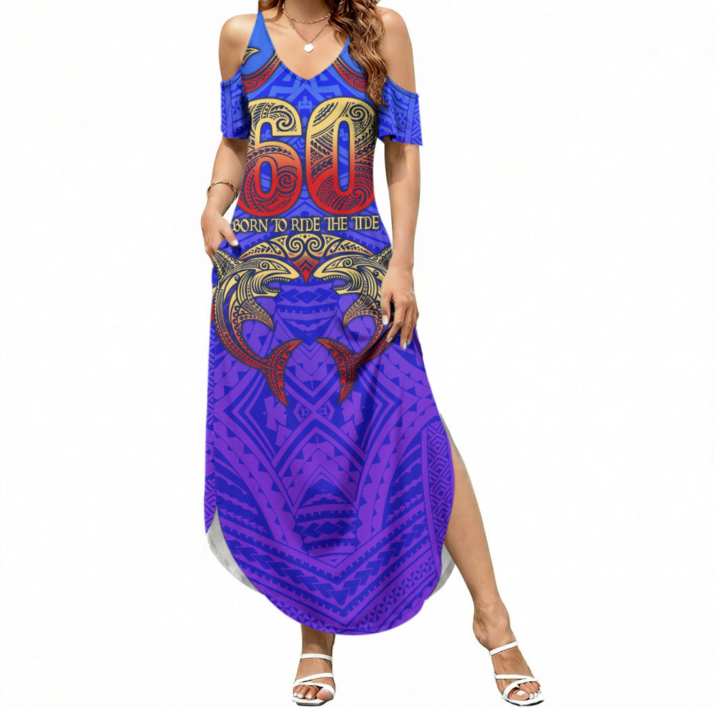 Personalized Polynesian 60th Birthday Summer Maxi Dress Polynesian Tribal Art Vintage Ocean Pattern TS04 Women Blue Yellow - Polynesian Pride