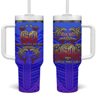 Personalized Polynesian 60th Birthday Tumbler With Handle Polynesian Tribal Art Vintage Ocean Pattern TS04 One Size: 40 oz Blue Yellow - Polynesian Pride
