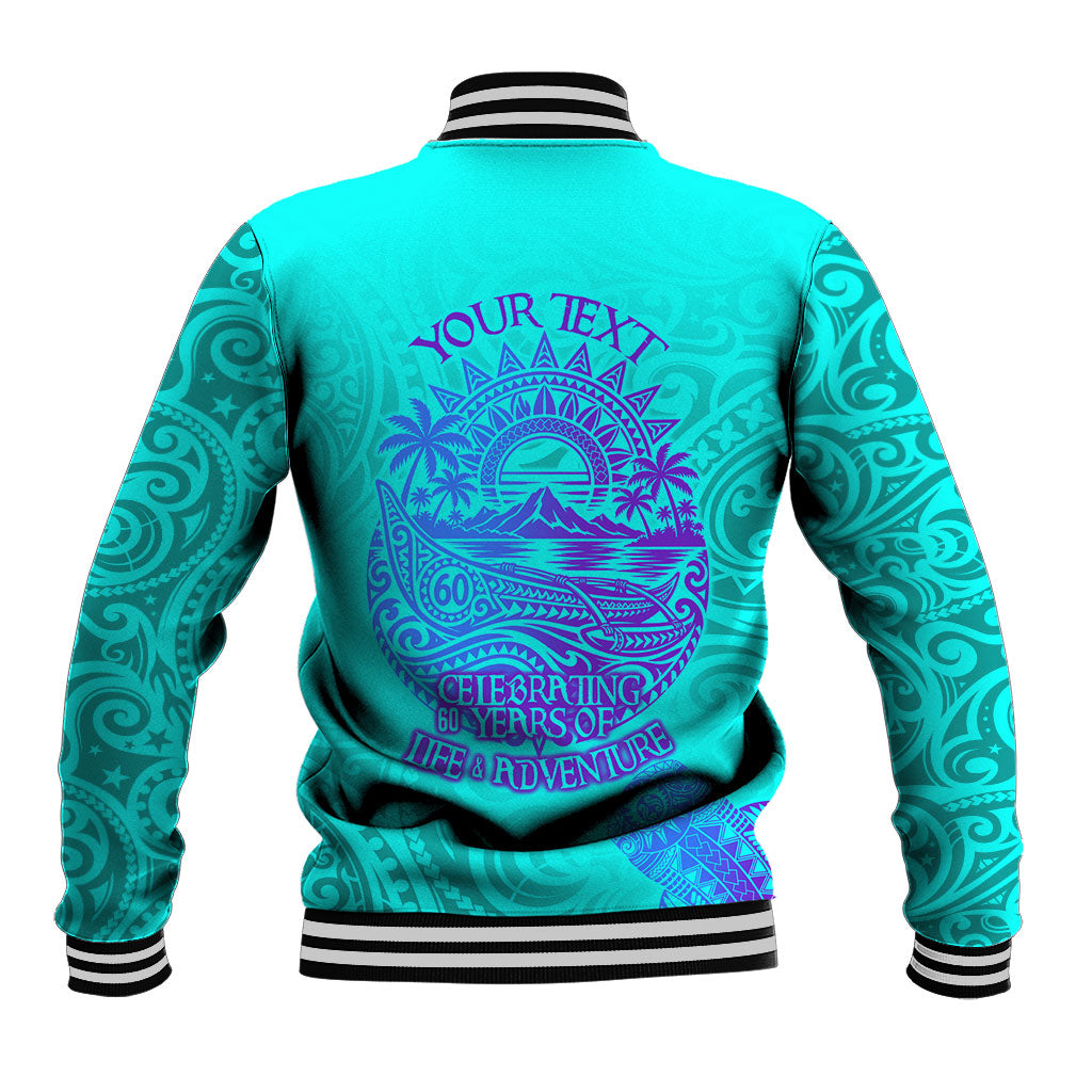Personalized Polynesian 60th Birthday Island Life Since 1966 Baseball Jacket Vibrant Tribal Tattoo Ocean Sunset Pattern