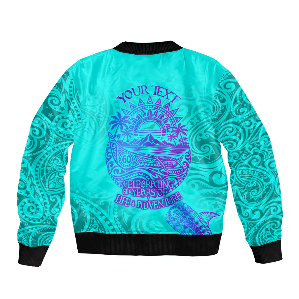 Personalized Polynesian 60th Birthday Island Life Since 1966 Bomber Jacket Vibrant Tribal Tattoo Ocean Sunset Pattern