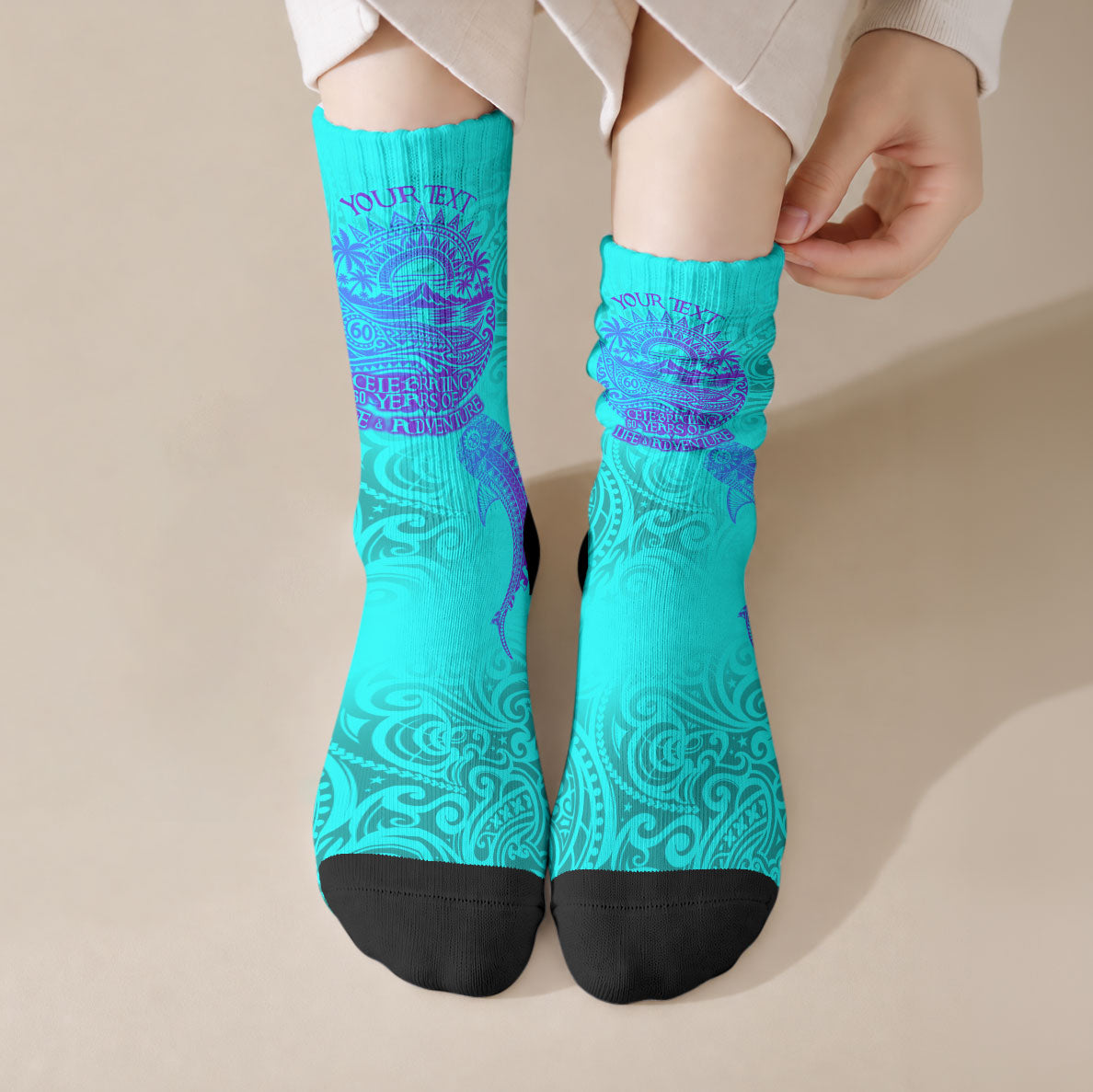Personalized Polynesian 60th Birthday Island Life Since 1966 Crew Socks Vibrant Tribal Tattoo Ocean Sunset Pattern TS04 Crew Socks Blue Purple - Polynesian Pride