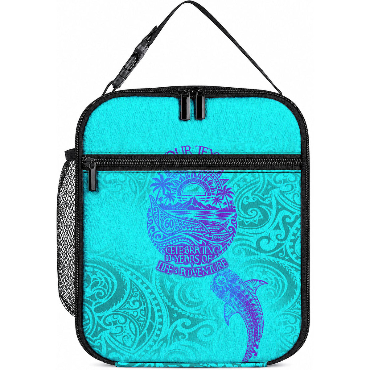 Personalized Polynesian 60th Birthday Island Life Since 1966 Lunch Bag Vibrant Tribal Tattoo Ocean Sunset Pattern TS04 10.2 × 8.3 × 4.3 inch Blue Purple - Polynesian Pride