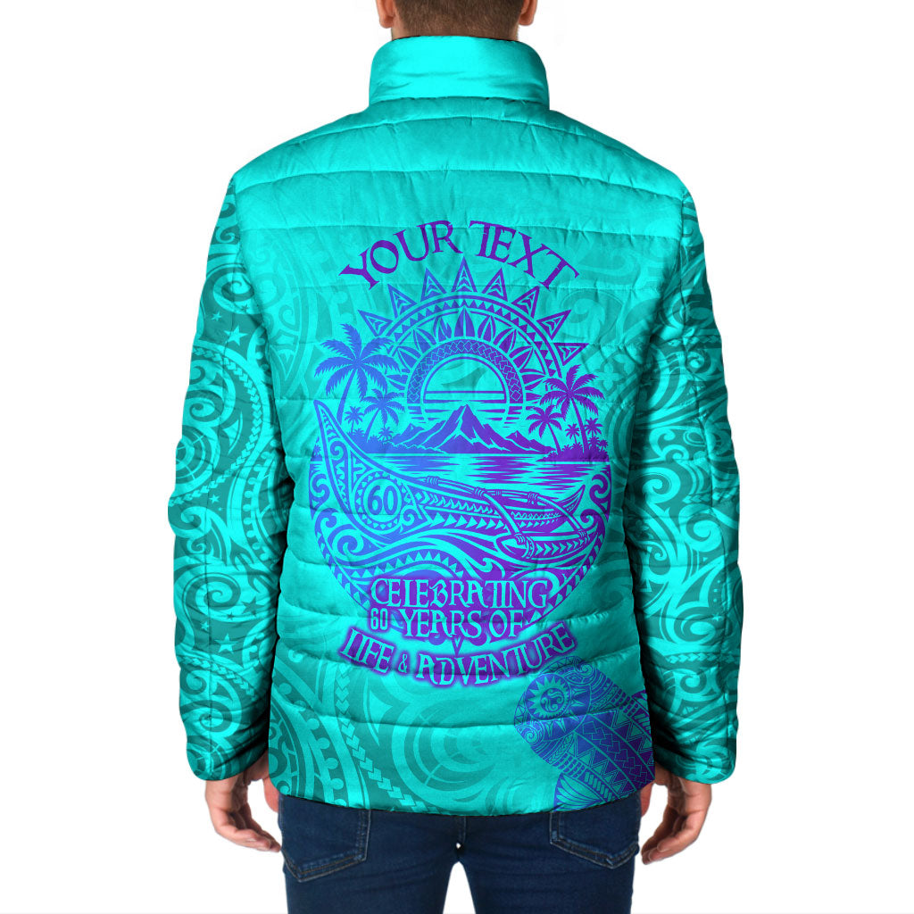 Personalized Polynesian 60th Birthday Island Life Since 1966 Padded Jacket Vibrant Tribal Tattoo Ocean Sunset Pattern
