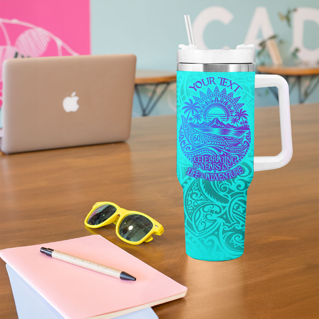 Personalized Polynesian 60th Birthday Island Life Since 1966 Tumbler With Handle Vibrant Tribal Tattoo Ocean Sunset Pattern TS04 - Polynesian Pride