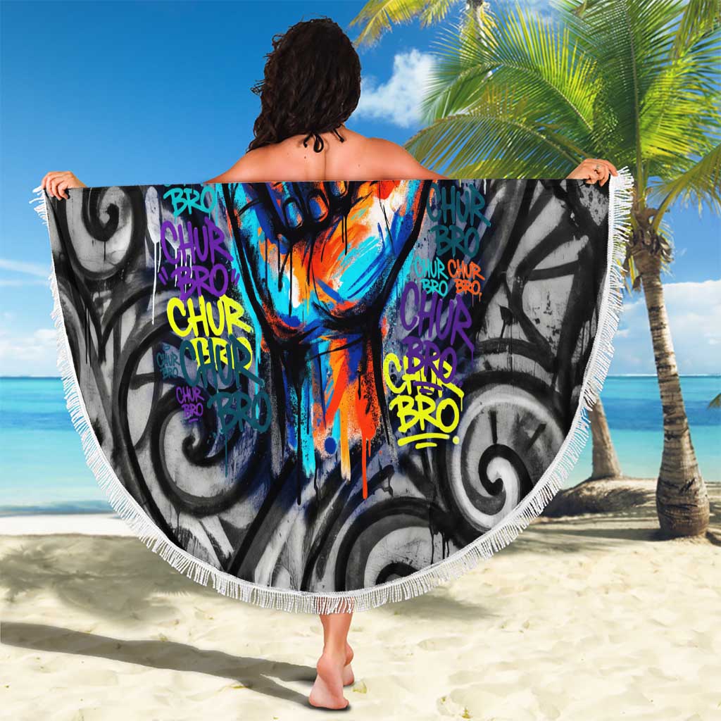 Chur Bro Shaka Sign Beach Blanket New Zealand Koru Colorful Graffiti Splash