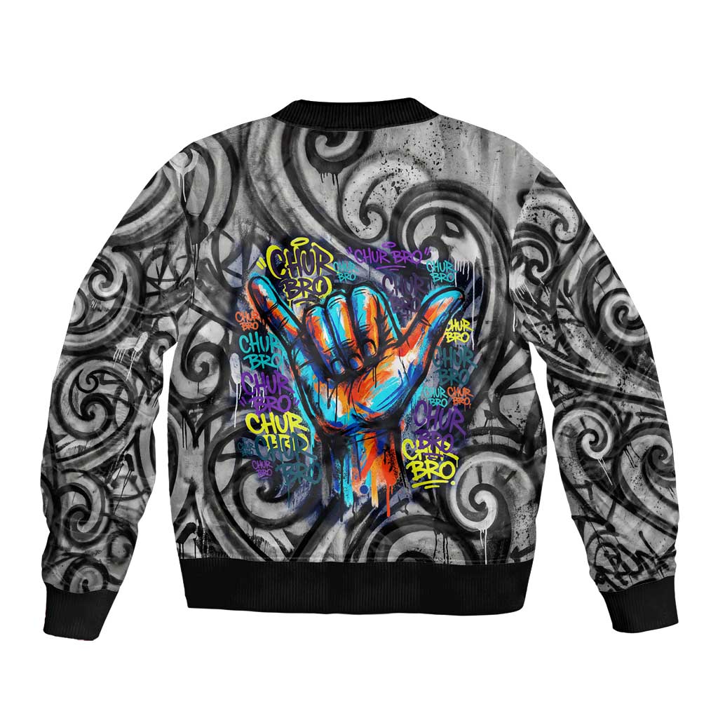 Chur Bro Shaka Sign Bomber Jacket New Zealand Koru Colorful Graffiti Splash
