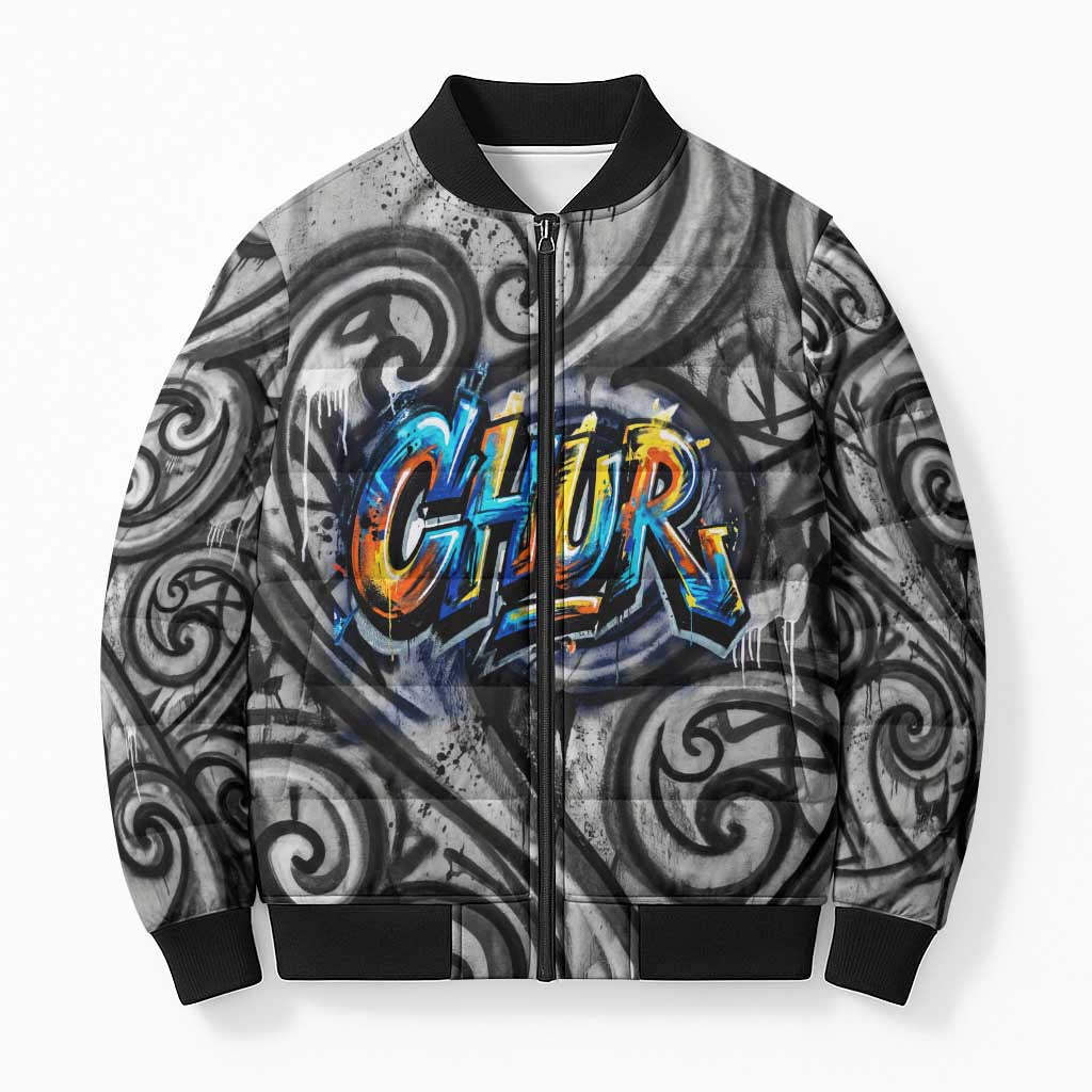 Chur Bro Shaka Sign Bomber Puffer Jacket New Zealand Koru Colorful Graffiti Splash