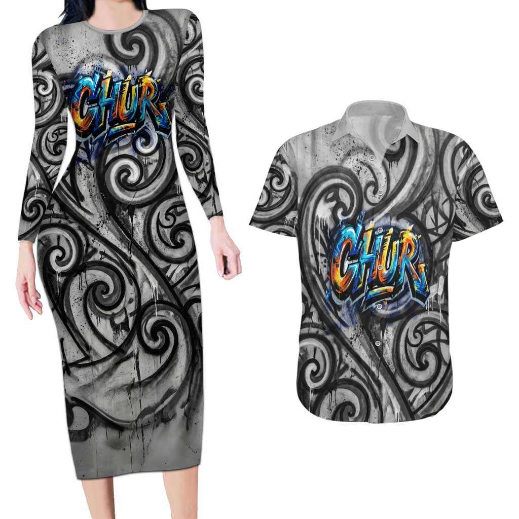 Chur Bro Shaka Sign Couples Matching Long Sleeve Bodycon Dress and Hawaiian Shirt New Zealand Koru Colorful Graffiti Splash