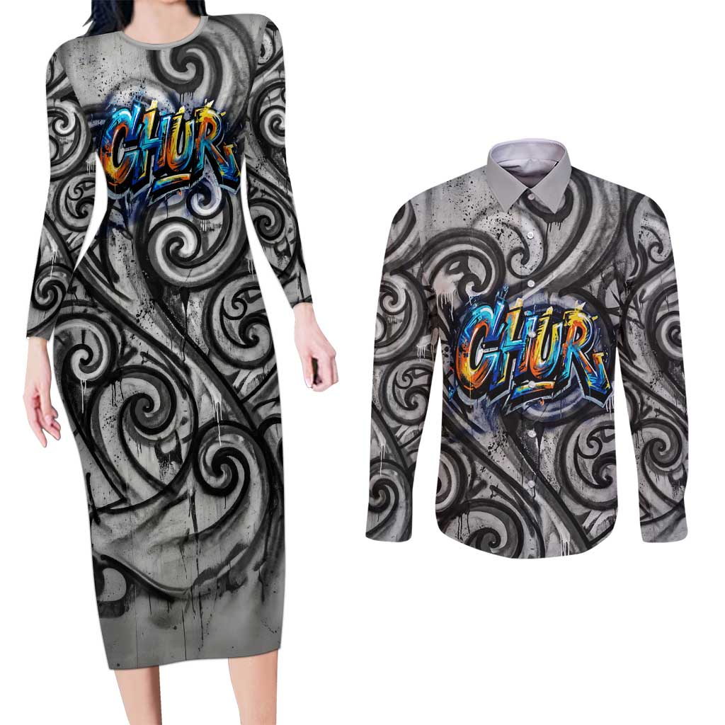Chur Bro Shaka Sign Couples Matching Long Sleeve Bodycon Dress and Long Sleeve Button Shirt New Zealand Koru Colorful Graffiti Splash