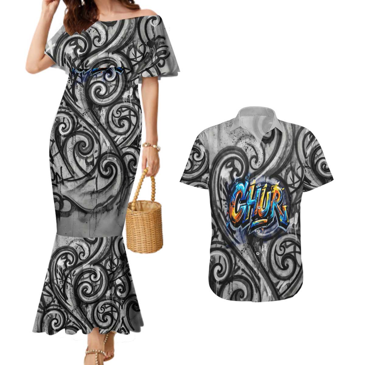 Chur Bro Shaka Sign Couples Matching Mermaid Dress and Hawaiian Shirt New Zealand Koru Colorful Graffiti Splash TS04 Multicolor - Polynesian Pride