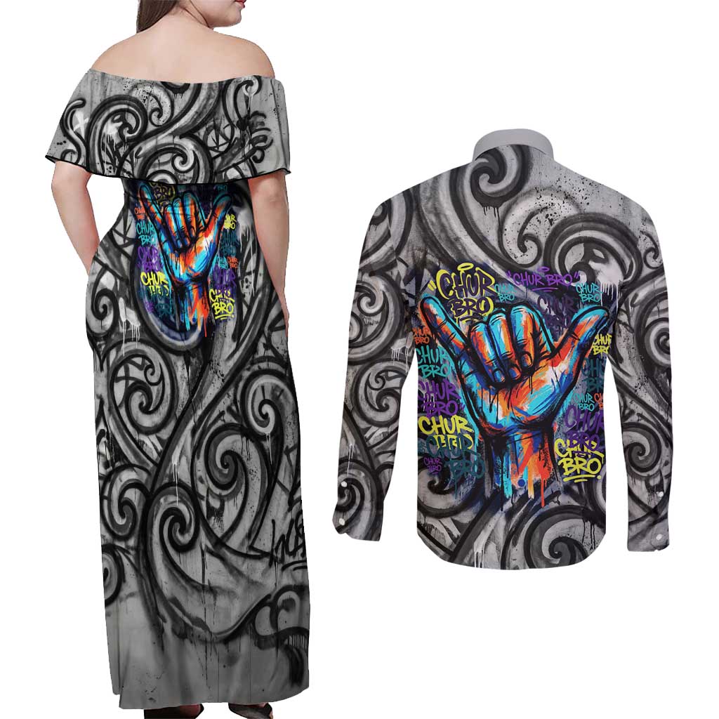 Chur Bro Shaka Sign Couples Matching Off Shoulder Maxi Dress and Long Sleeve Button Shirt New Zealand Koru Colorful Graffiti Splash TS04 - Polynesian Pride