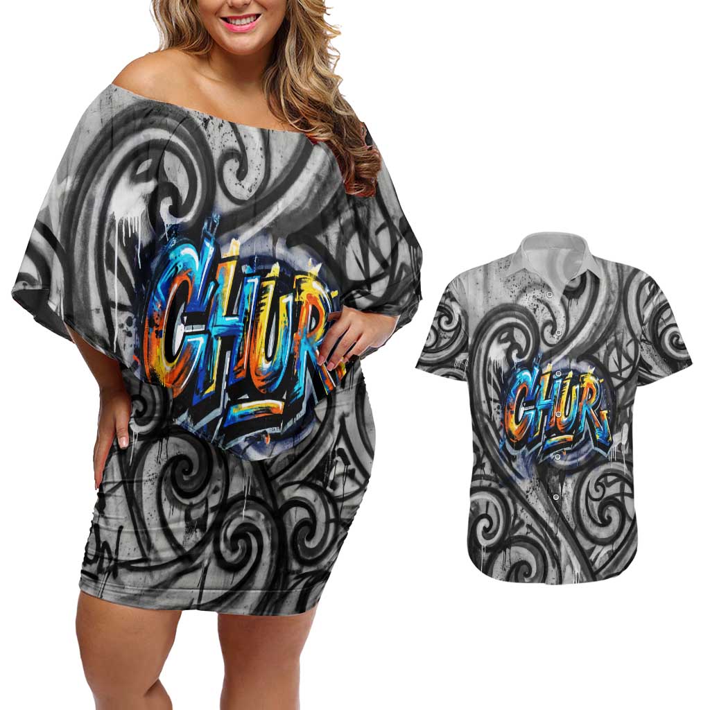 Chur Bro Shaka Sign Couples Matching Off Shoulder Short Dress and Hawaiian Shirt New Zealand Koru Colorful Graffiti Splash TS04 Multicolor - Polynesian Pride