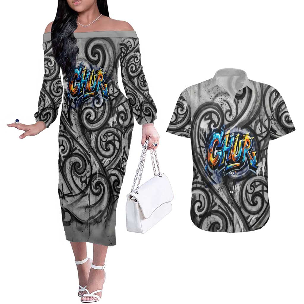 Chur Bro Shaka Sign Couples Matching Off The Shoulder Long Sleeve Dress and Hawaiian Shirt New Zealand Koru Colorful Graffiti Splash