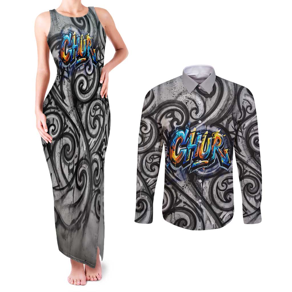 Chur Bro Shaka Sign Couples Matching Tank Maxi Dress and Long Sleeve Button Shirt New Zealand Koru Colorful Graffiti Splash TS04 Multicolor - Polynesian Pride