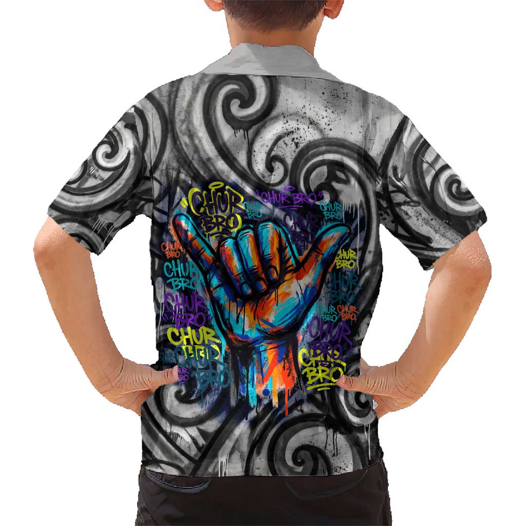 Chur Bro Shaka Sign Family Matching Off Shoulder Short Dress and Hawaiian Shirt New Zealand Koru Colorful Graffiti Splash