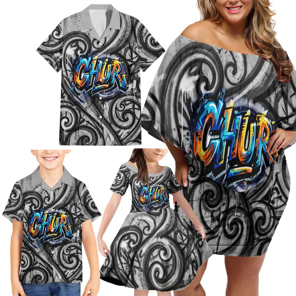 Chur Bro Shaka Sign Family Matching Off Shoulder Short Dress and Hawaiian Shirt New Zealand Koru Colorful Graffiti Splash