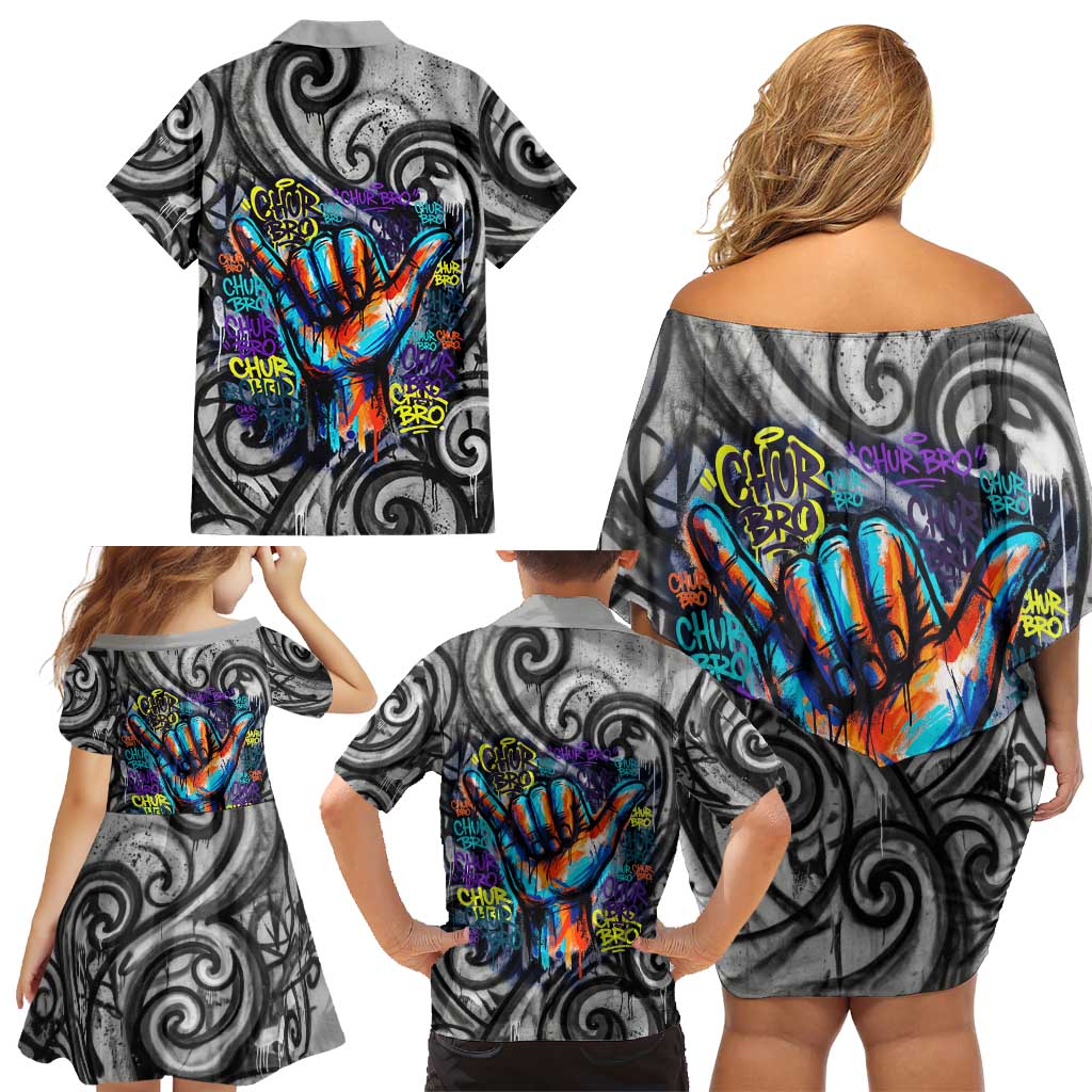 Chur Bro Shaka Sign Family Matching Off Shoulder Short Dress and Hawaiian Shirt New Zealand Koru Colorful Graffiti Splash