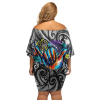 Chur Bro Shaka Sign Family Matching Off Shoulder Short Dress and Hawaiian Shirt New Zealand Koru Colorful Graffiti Splash