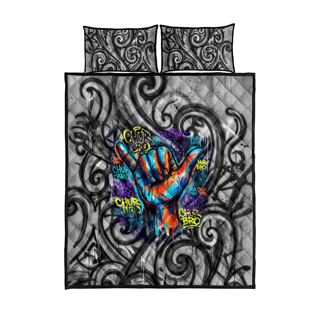Chur Bro Shaka Sign Quilt Bed Set New Zealand Koru Colorful Graffiti Splash