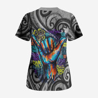 Chur Bro Shaka Sign Scrub Top New Zealand Koru Colorful Graffiti Splash