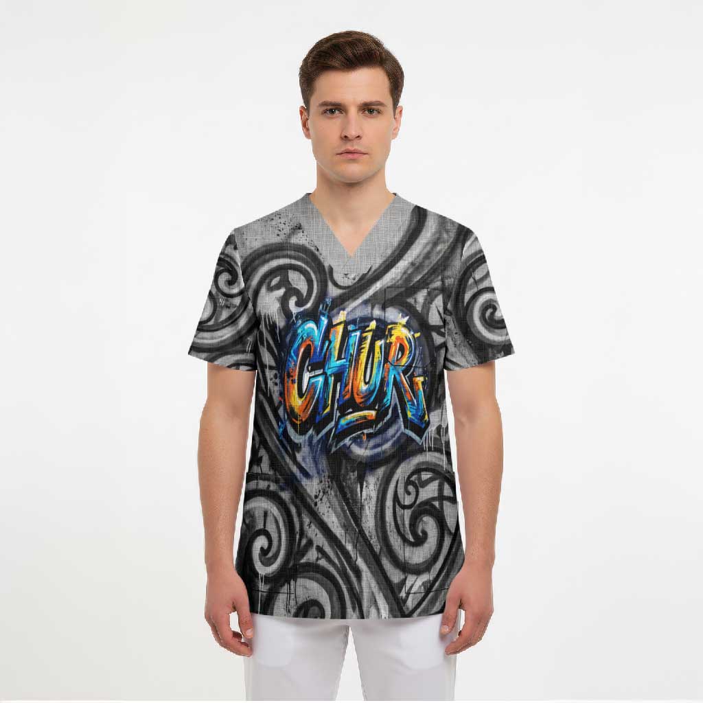 Chur Bro Shaka Sign Scrub Top New Zealand Koru Colorful Graffiti Splash