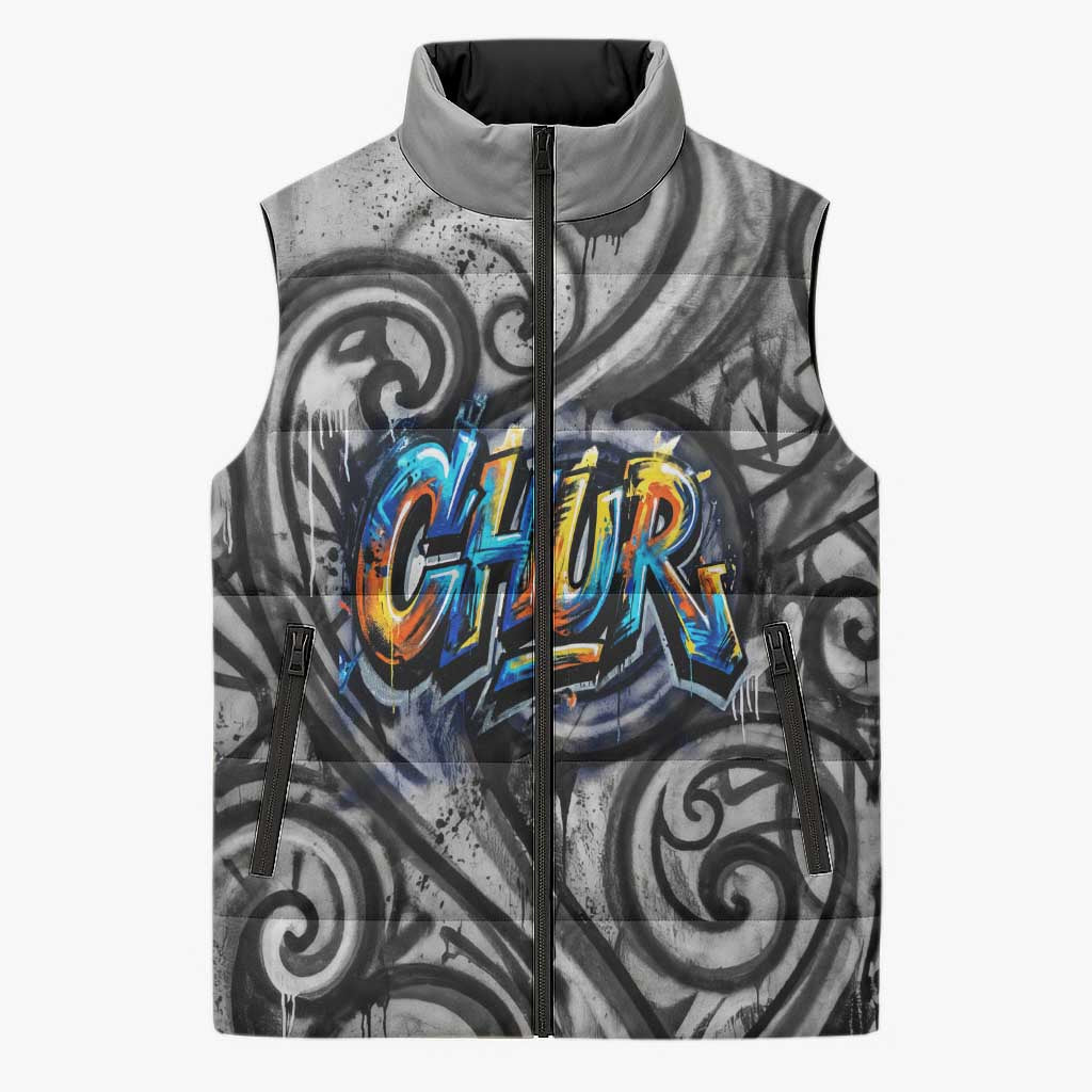 Chur Bro Shaka Sign Sleeveless Puffer Jacket New Zealand Koru Colorful Graffiti Splash