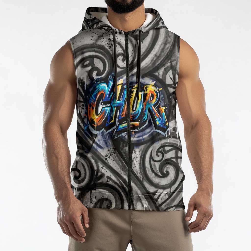 Chur Bro Shaka Sign Sleeveless Zip Hoodie New Zealand Koru Colorful Graffiti Splash