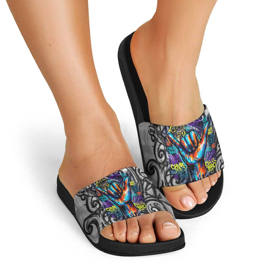Chur Bro Shaka Sign Slide Sandals New Zealand Koru Colorful Graffiti Splash