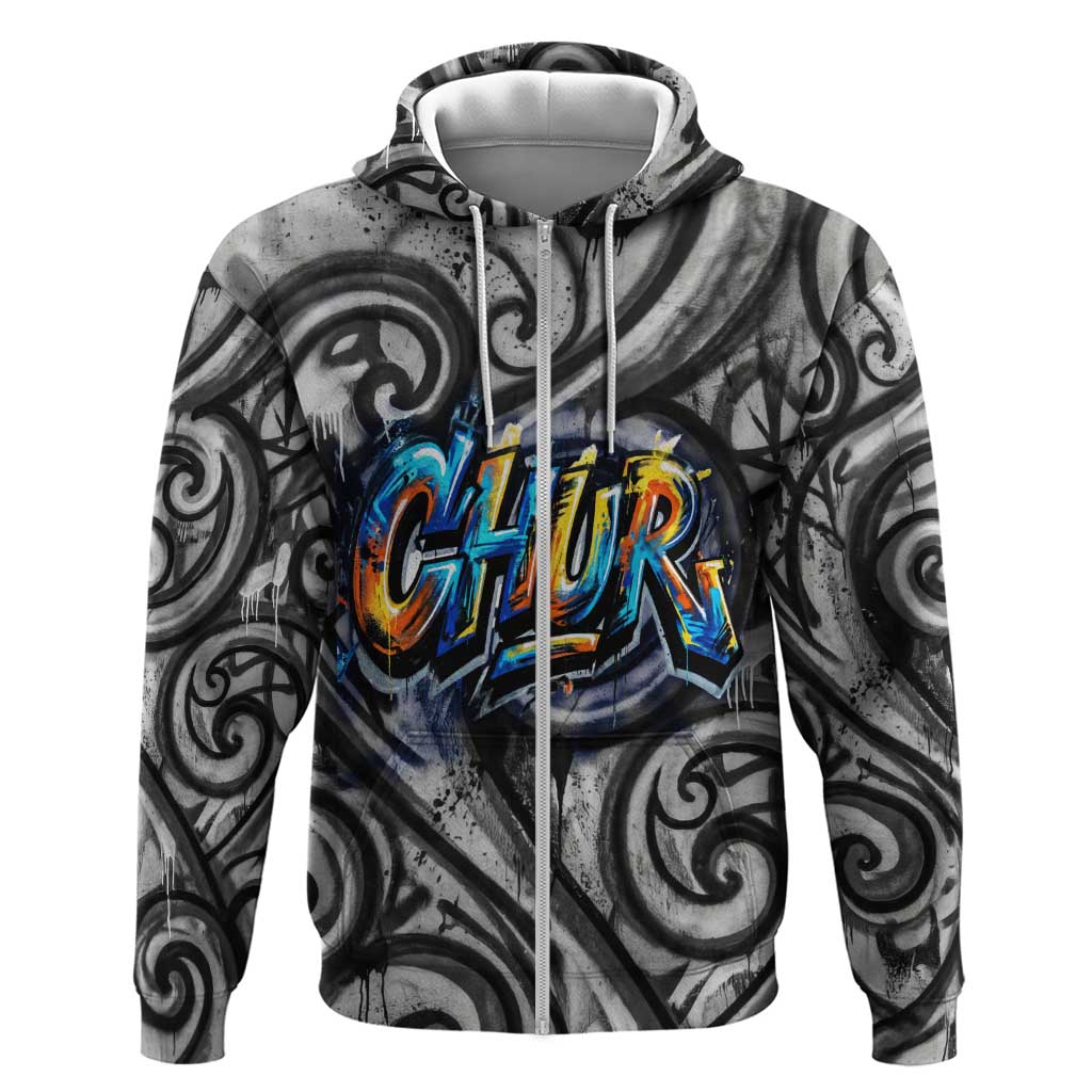 Chur Bro Shaka Sign Zip Hoodie New Zealand Koru Colorful Graffiti Splash