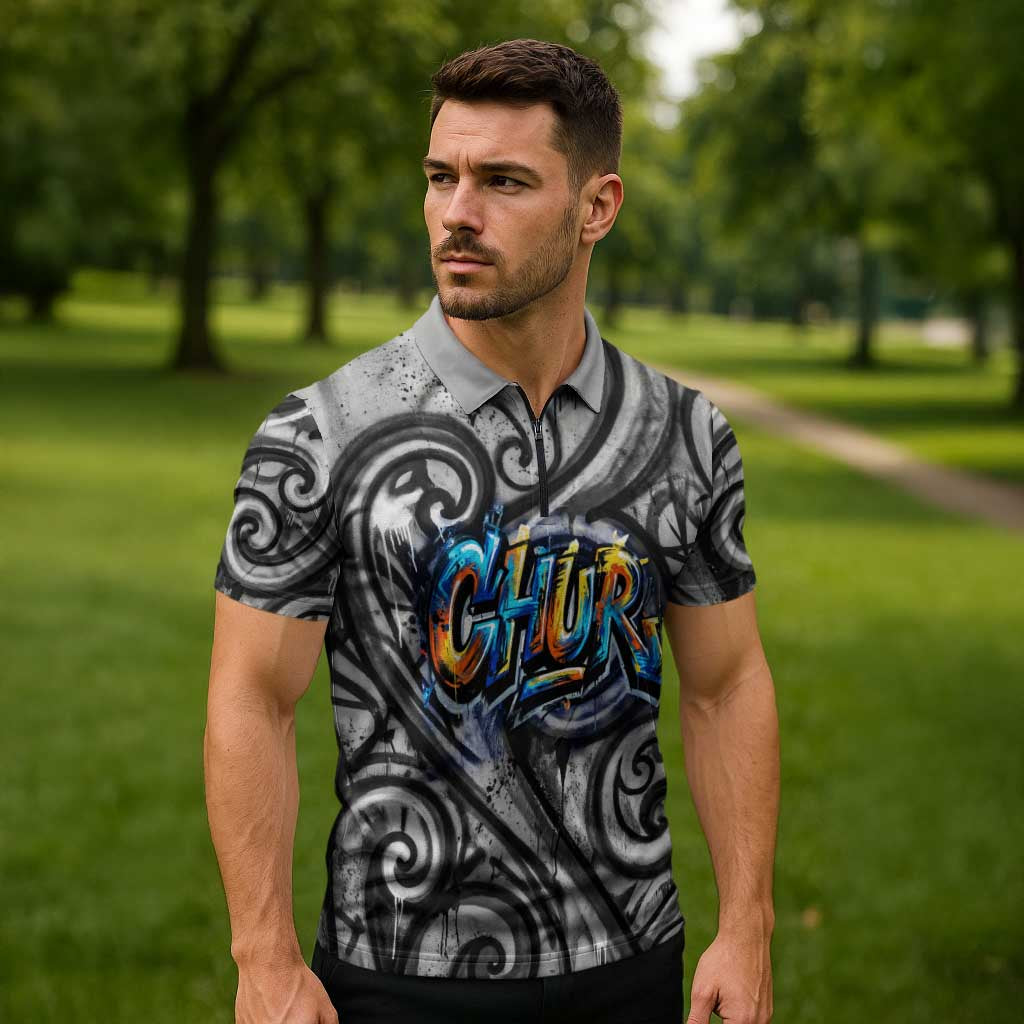 Chur Bro Shaka Sign Zipper Polo Shirt New Zealand Koru Colorful Graffiti Splash